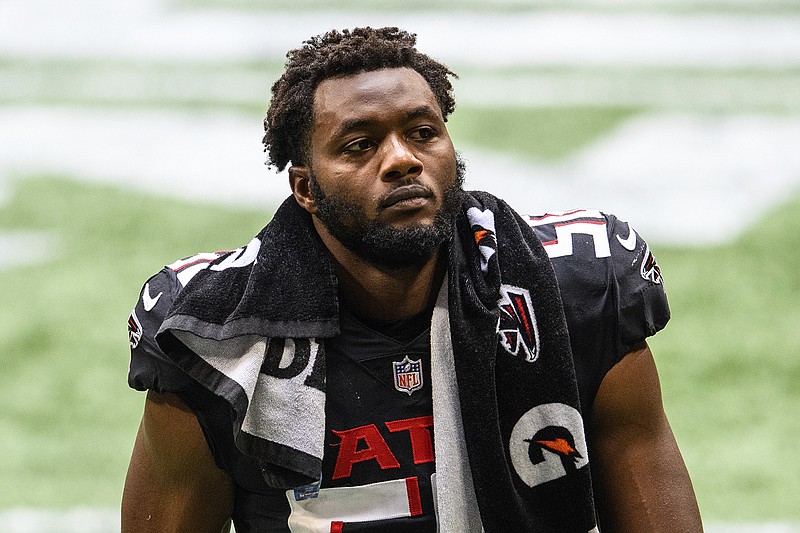 AP photo by Danny Karnik / Atlanta Falcons defensive end Dante Fowler Jr. leaves the field after his team's loss to the Chicago Bears, 30-26 last Sunday in Atlanta, to fall to 0-3.