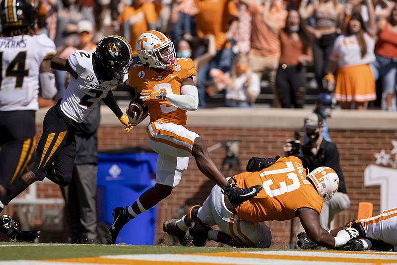 Tennessee Athletics photo by Andrew Ferguson / Tennessee sophomore running back Eric Gray completes a 20-yard touchdown run early in the second quarter of the Vols' home victory against Missouri on Saturday, which extended their streak of wins to eight dating to October 2019.
