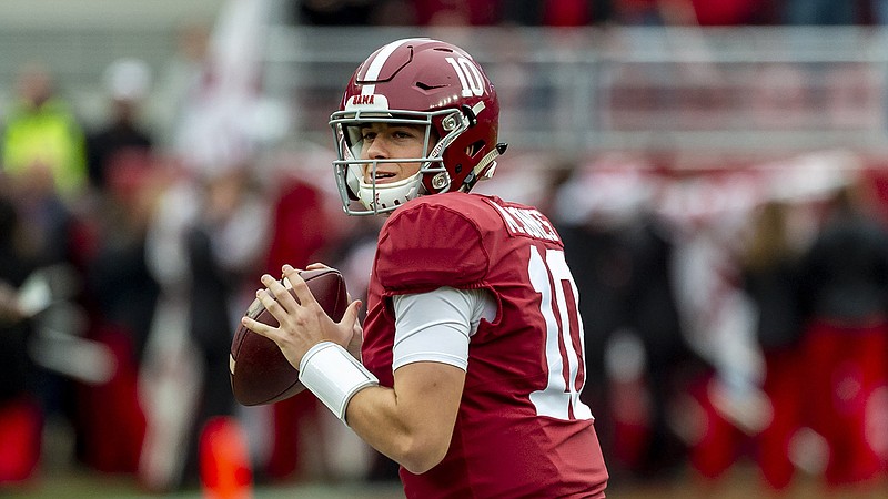 AP file photo by Vasha Hunt / Alabama quarterback Mac Jones was 19-of-26 passing for 435 yards and four touchdowns with an interception during Saturday's 52-24 win against Texas A&M in the Crimson Tide's home opener.