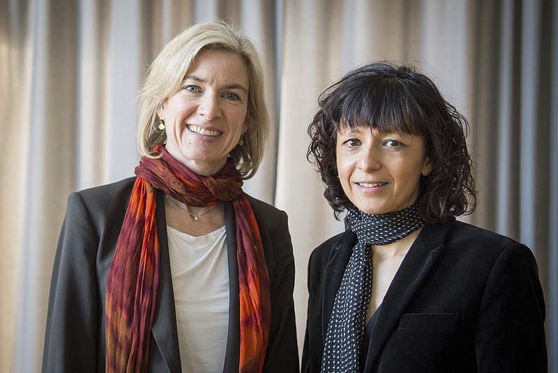 In this March 14, 2016 file photo American biochemist Jennifer A. Doudna, left, and the French microbiologist Emmanuelle Charpentier, right, poses for a photo in Frankfurt, Germany. French scientist Emmanuelle Charpentier and American Jennifer A. Doudna have won the Nobel Prize 2020 in chemistry for developing a method of genome editing likened to 'molecular scissors' that offer the promise of one day curing genetic diseases. (Alexander Heinl/dpa via AP)