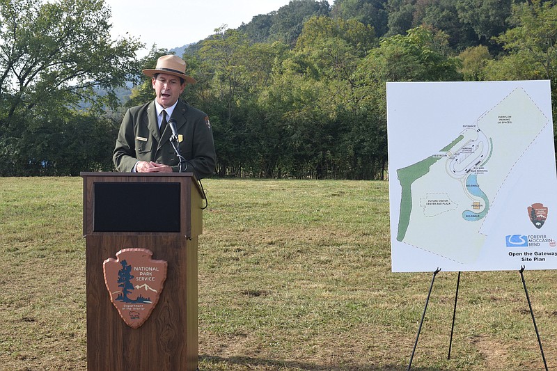 Staff photo by Ben Benton / Chickamauga and Chattanooga National Military Park Superintendent Brad Bennett talks Thursday, Oct. 8, 2020, about the site plan that will create a distinctive entrance to Moccasin Bend National Archeological District, a site that encompasses thousands of years of the cultural history of human habitation.