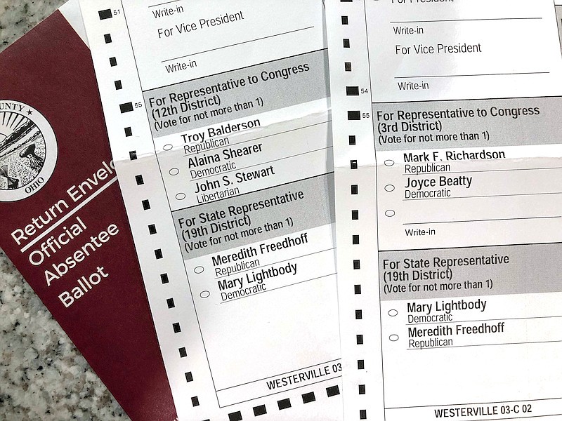 This photo made on Oct. 6, 2020, in Westerville, Ohio, shows Ohio absentee ballots. Two voters registered at the same address in the Columbus suburb of Westerville, Ohio, were mailed these differing absentee ballots for the 2020 general election, with one of the ballots listing candidates from a different congressional district. (AP Photo/Kantele Franko)