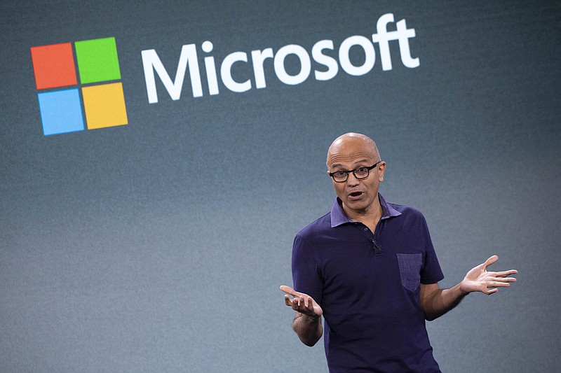 FILE - In this Oct. 2, 2019 file photo, Microsoft CEO Satya Nadella talks during a company event in New York. Nadella said in June 2020 that the tech company would double the number of Black and African American managers, senior individual contributors and senior leaders by 2025. (AP Photo/Mark Lennihan, File)