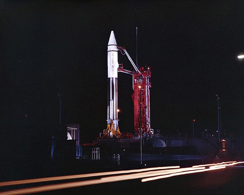 This Sept. 20, 1966 photo provided by the San Diego Air and Space Museum shows an Atlas Centaur 7 rocket on the launchpad at Cape Canaveral, Fla. NASA's leading asteroid expert, Paul Chodas, speculates that asteroid 2020 SO, as it is formally known, is actually a Centaur upper rocket stage that propelled NASA's Surveyor 2 lander to the moon in 1966 before it was discarded. (Convair/General Dynamics Astronautics Atlas Negative Collection/San Diego Air and Space Museum via AP)