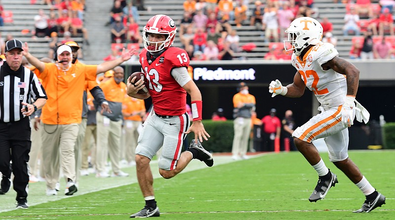 Georgia quarterback Stetson Bennett (13) during the Bulldogs' game with Tennessee in Athens, Ga., on Saturday, Oct. 10, 2020. (Photo by Perry McIntyre)