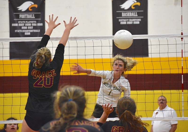 Staff photo by Patrick MacCoon / Notre Dame senior McKenna Brown leads the area in kills this season for a 28-win team, who won 16 straight at one point this season.