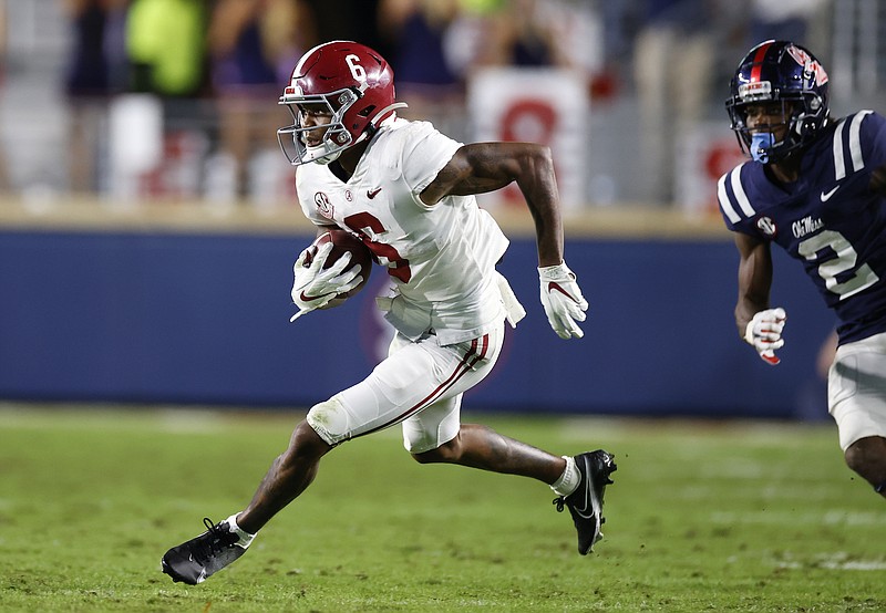 Alabama photo by Kent Gidley / Alabama senior receiver DeVonta Smith had 13 catches for 164 yards and a touchdown during Saturday night's 63-48 win at Ole Miss.