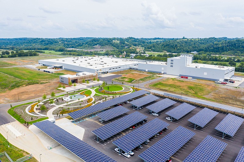 Contributed photo by Nokian Tyres / This aerial view of the Nokian Tyres production plant shows the solar array built over a parking lot. The solar panels supply electricity to the facility.