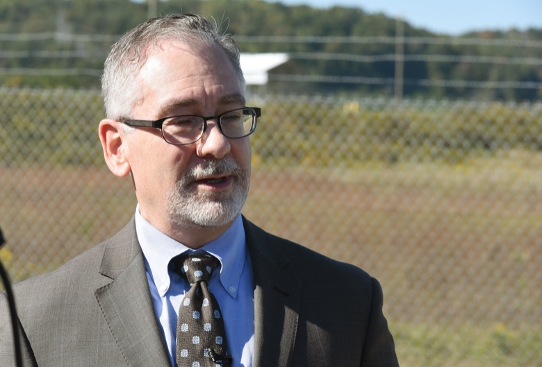 Staff Photo by Matt Hamilton / Jay Mullis, manager for the Department of Energy's Oak Ridge Office of Environmental Management answers questions from the media at the former site for the K-25 uranium enrichment facility in Oak Ridge, Tenn. on Tuesday, Oct. 13, 2020.