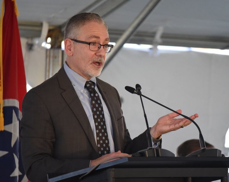 Staff Photo by Matt Hamilton / Jay Mullis, manager for the Department of Energy's Oak Ridge Office of Environmental Management speaks at the former site for the K-25 uranium enrichment facility in Oak Ridge, Tenn. on Tuesday, Oct. 13, 2020.