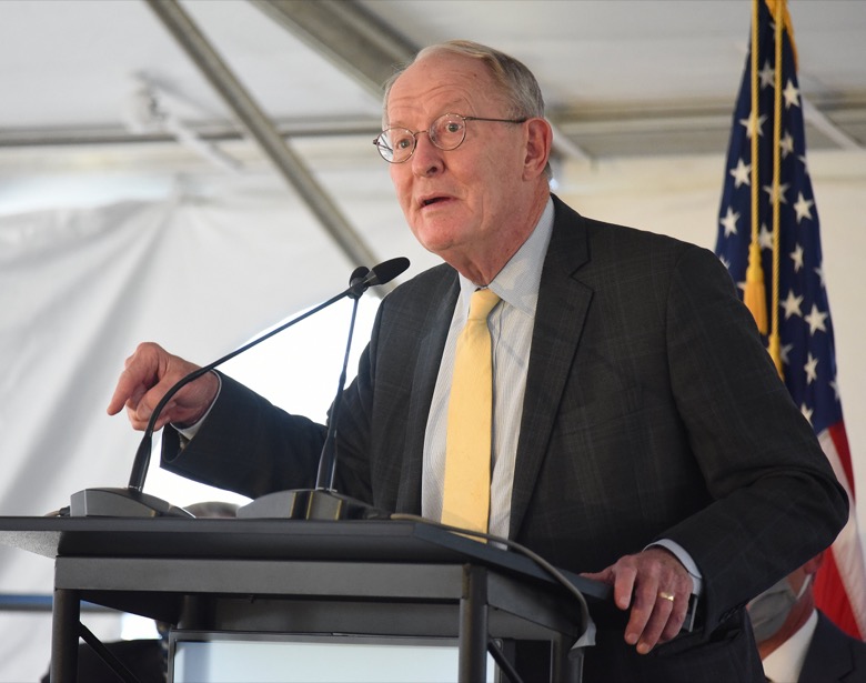 Staff Photo by Matt Hamilton / U.S. Senator Lamar Alexander speaks at the former site for the K-25 uranium enrichment facility in Oak Ridge, Tenn. on Tuesday, Oct. 13, 2020.