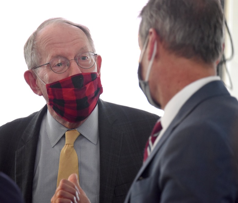 Staff Photo by Matt Hamilton / U.S. Senator Lamar Alexander speaks with Tennessee Governor Bill Lee at the former site for the K-25 uranium enrichment facility in Oak Ridge, Tenn. on Tuesday, Oct. 13, 2020.