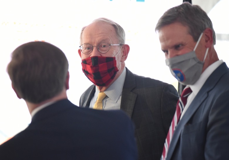 Staff Photo by Matt Hamilton / U.S. Senator Lamar Alexander speaks with Tennessee Governor Bill Lee, right, and Congressman Chuck Fleischmann at the former site for the K-25 uranium enrichment facility in Oak Ridge, Tenn. on Tuesday, Oct. 13, 2020.