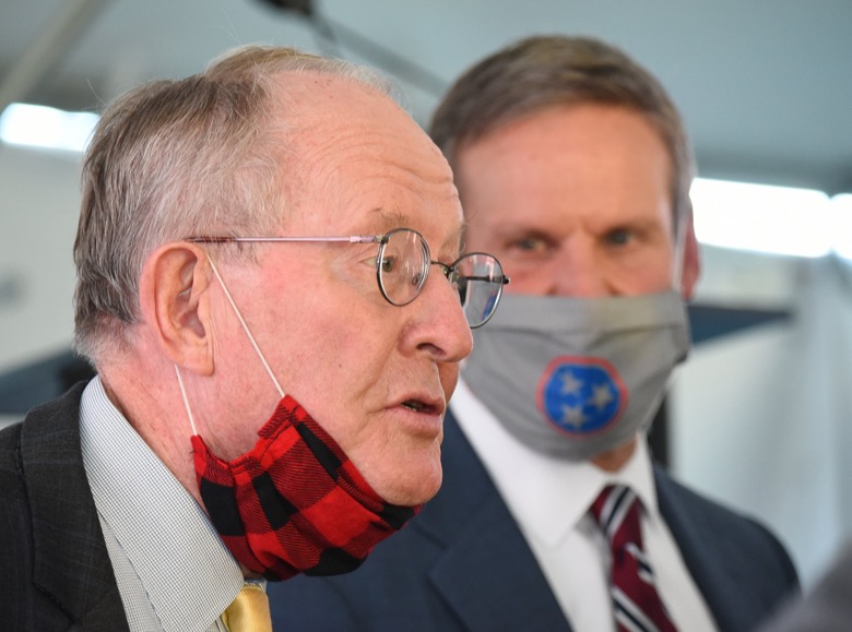 Staff Photo by Matt Hamilton / U.S. Senator Lamar Alexander speaks to the media as Tennessee Governor Bill Lee looks on at the former site for the K-25 uranium enrichment facility in Oak Ridge, Tenn. on Tuesday, Oct. 13, 2020.