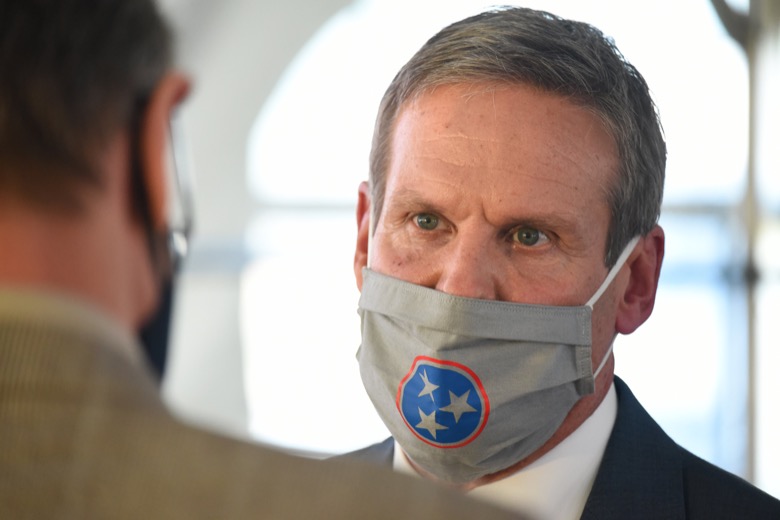 Staff Photo by Matt Hamilton / Tennessee Governor Bill Lee speaks with the media at the former site for the K-25 uranium enrichment facility in Oak Ridge, Tenn. on Tuesday, Oct. 13, 2020.