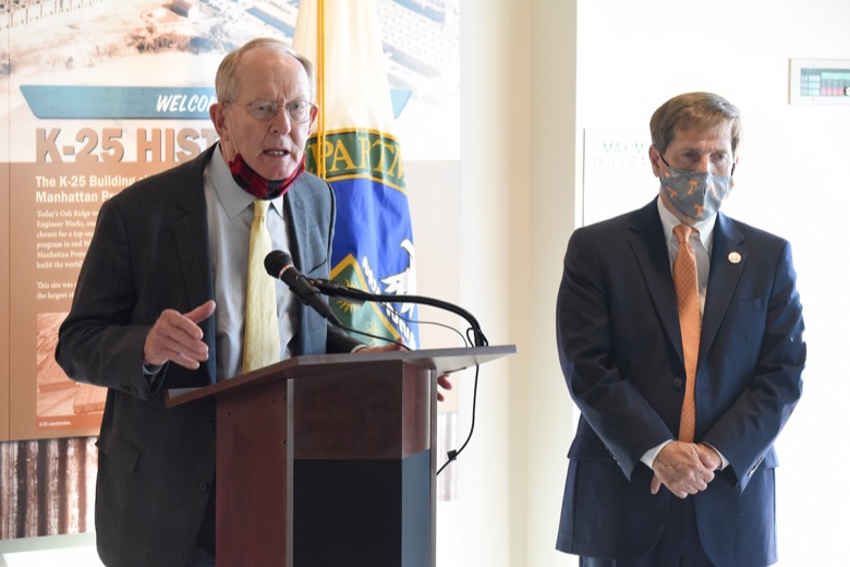 Staff Photo by Matt Hamilton / U.S. Senator Lamar Alexander speaks as Congressman Chuck Fleischmann looks on at the K-25 History Center in Oak Ridge, Tenn. on Tuesday, Oct. 13, 2020.