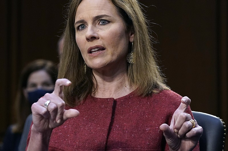 Supreme Court nominee Amy Coney Barrett speaks during the second day of her confirmation hearing before the Senate Judiciary Committee on Capitol Hill in Washington, Tuesday, Oct. 13, 2020. (Drew Angerer/Pool via AP)