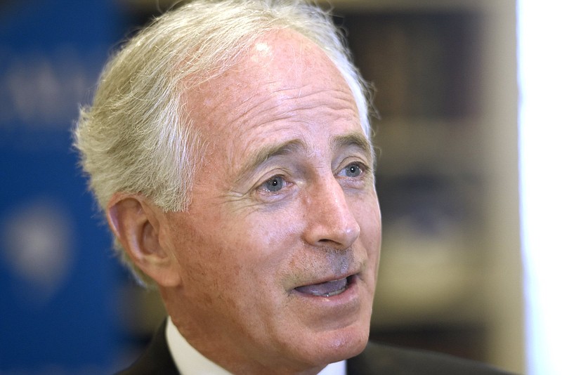 Senator Bob Corker speaks to the media before addressing the student body at McCallie School.  Senator Bob Corker answered questions from students as he visited the McCallie School on November 30, 2018. / Staff photo by Robin Rudd