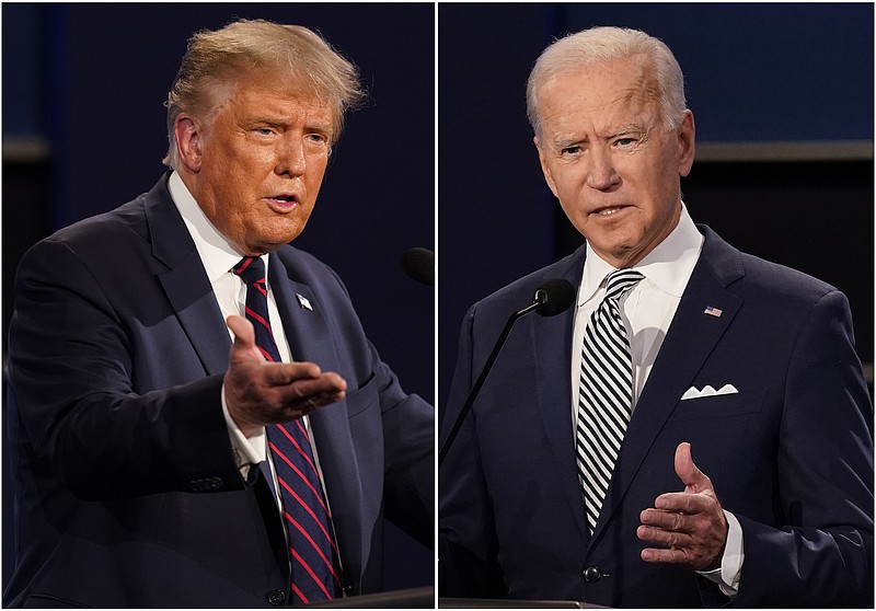 This combination of Sept. 29, 2020, file photos shows President Donald Trump, left, and former Vice President Joe Biden during the first presidential debate at Case Western University and Cleveland Clinic, in Cleveland, Ohio. Amid the tumult of the 2020 presidential campaign, one dynamic has remained constant: The Nov. 3 election offers voters a choice between substantially different policy paths. (AP Photo/Patrick Semansky, File)