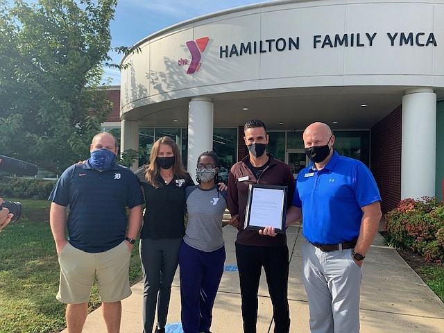 Contributed photo / Staff at the Hamilton Family YMCA location, are from left, Rick Dunn, program director; Kathy Teufel, associate branch executive; Nikki Bryant, family programs coordinator; Bruno Martins, health and wellness director; and Lee Montgomery, Hamilton Family YMCA branch executive director.