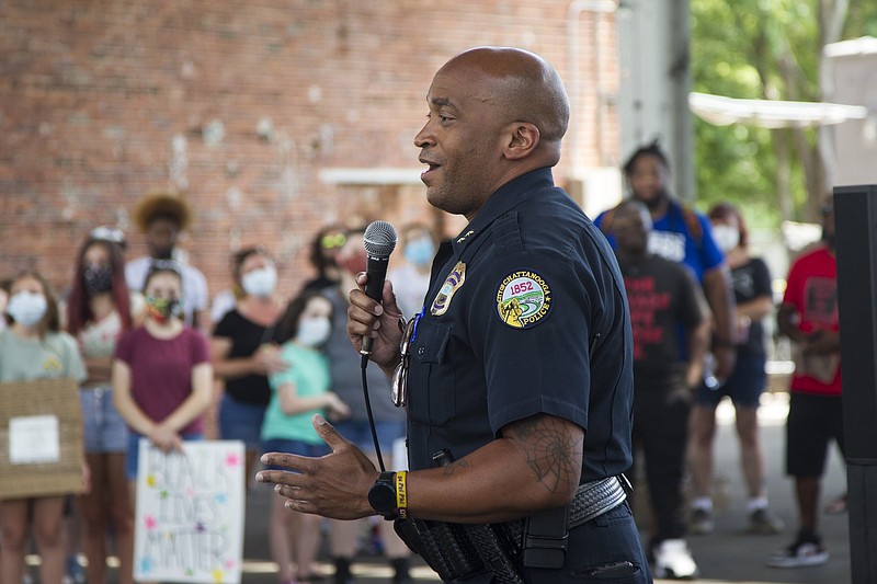 Staff photo by Troy Stolt / Chattanooga Assistant Chief of Police Glenn Scruggs speaks during a protest for Chattanooga area school Children on June 6 in Chattanooga.