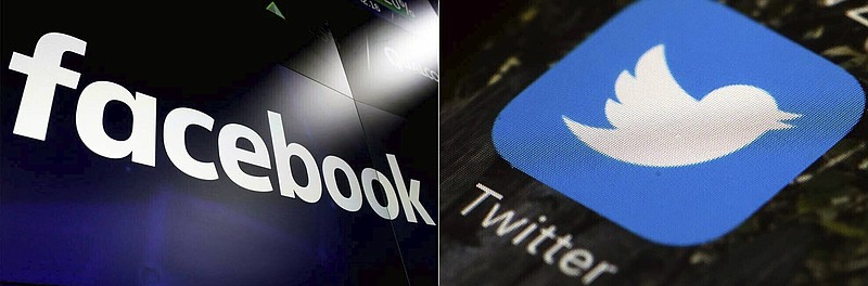 This combination of photos shows logos for social media platforms Facebook and Twitter. Facebook and Twitter moved quickly this week to limit the spread of a disputed tabloid story promising new twists in the saga of Joe Biden's relationship with Ukraine. President Donald Trump's campaign quickly seized on the story in the New York Post — but the report raised more questions than answers, including about the authenticity of an email at the center of the story. Wednesday morning Oct. 14, 2020, hours after the story's publication, a Facebook spokesman tweeted that the company was limiting its distribution on the platform.(AP Photo/File)