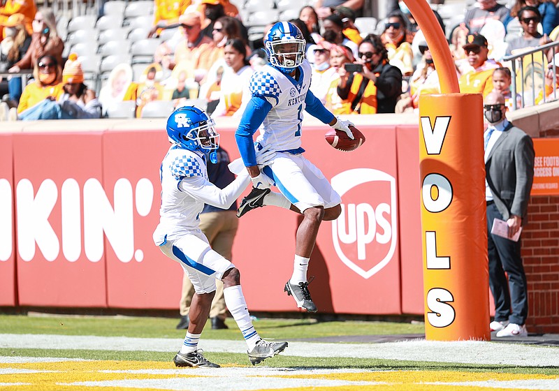 SEC photo / Kentucky defensive back Kelvin Joseph leaps in celebration in the end zone after returning his interception of Tennessee quarterback Jarrett Guarantano 41 yards for a touchdown in the second quarter of Saturday's game in Knoxville. It provided the first points of the game, and the Wildcats never trailed on their way to a 34-7 win against the No 18 Vols.