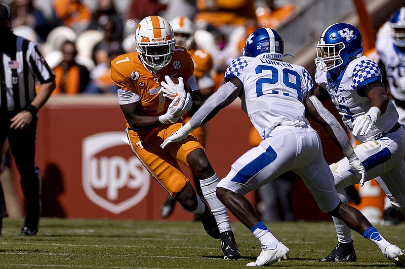 Tennessee Athletics photo by Andrew Ferguson / Tennessee receiver Brandon Johnson, left, tries to get past Kentucky defensive back Yusuf Corker during Saturday's matchup of SEC East rivals at Neyland Stadium in Knoxville. Johnson was the Vols' leading receiver with four catches for 37 yards in the 34-7 loss.