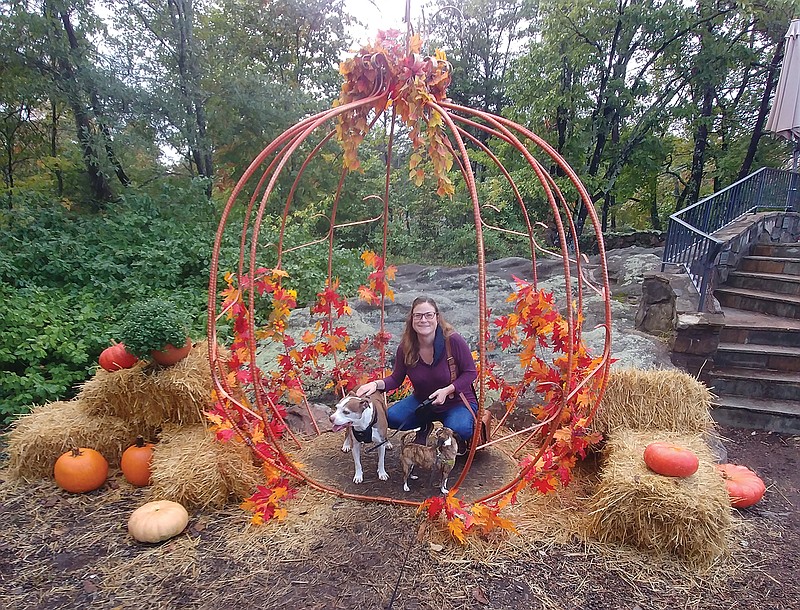 Jennifer Bardoner and her two dogs, Scarjo and Juan Pablo, check out the new trail enhancements and seasonal decor at Rock City. 
 / Photo by Jon Long
