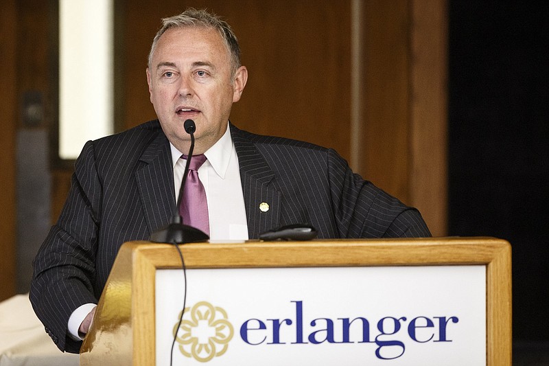 Erlanger CFO Britt Tabor presents the fiscal year 2020 budget to the Erlanger Health System Board of Trustees in the POB room at Erlanger on Thursday, June 27, 2019 in Chattanooga, Tenn. / Staff photo by C.B. Schmelter