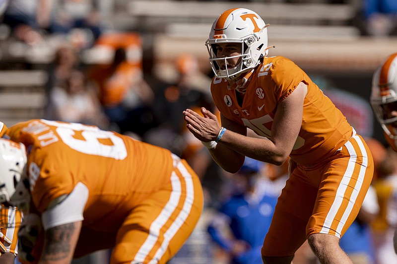 Tennessee freshman quarterback Harrison Bailey played during the fourth quarter of last Saturday's 34-7 loss to Kentucky. Volunteers coach Jeremy Pruitt is evaluating that position this week after starter Jarrett Guaranrano struggled. / Contributed photo by Andrew Ferguson/Tennessee Athletics