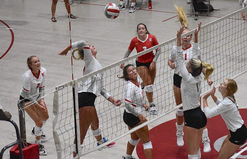 Staff file photo by Patrick MacCoon / Baylor senior Elaine Redman is a star in many ways on the volleyball court. Redman will look to help the Lady Red Raiders win their first state championship since 2017 this week.