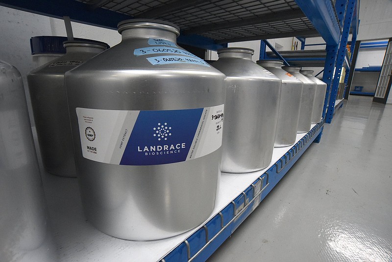 Staff Photo by Matt Hamilton / Containers of processed CBD oil on Thursday Oct. 8, 2020 at Landrace Bioscience. The company manufactures hemp extracts.