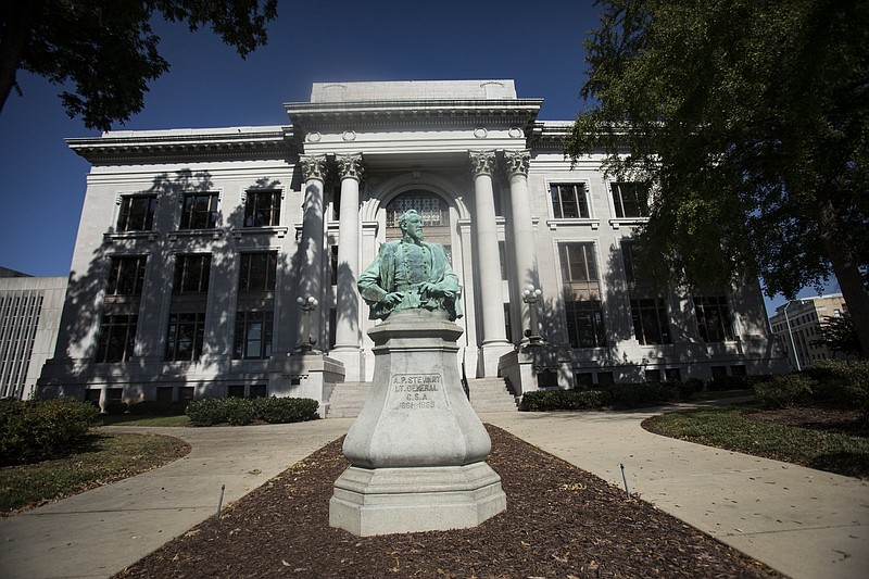 Staff photo by Troy Stolt / The statue of Confederate general A.P. Stewart is seen outside of the Hamilton County Courthouse on Wednesday, Oct. 21, 2020 in Chattanooga, Tenn. The Hamilton County Commissioners voted against removing the monument, which was put up in 1919, on Wednesday.
