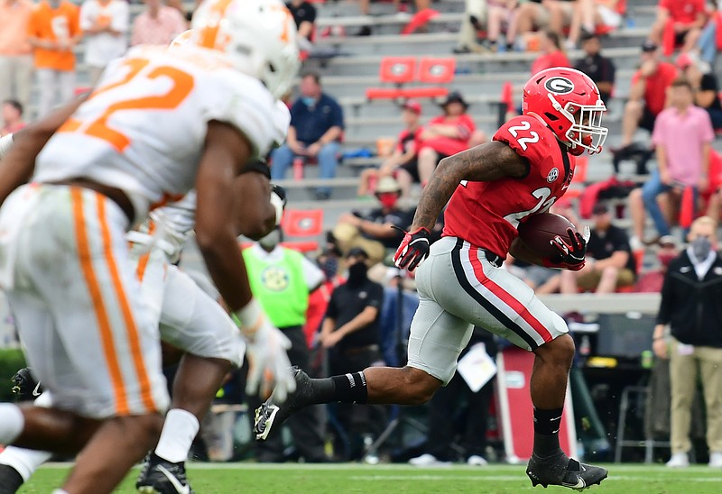 Georgia photo by Perry McIntyre / Freshman running back Kendall Milton has produced a solid start to his Georgia career, including a team-high 56 yards on eight carries during the 44-21 win over Tennessee on Oct. 10.
