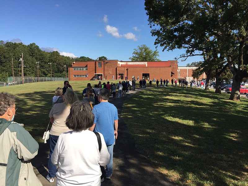 The line was long but fast-moving during early voting one day earlier this month at Hixson Community Center. / Photo by Mark Kennedy