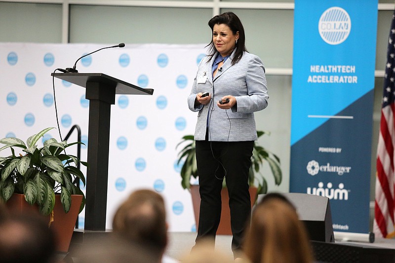 Staff photo by Erin O. Smith / Kathy Ford, president and chief product officer of Rhinogram, gives her pitch during the HealthTech Accelerator Demo Day at Unum in June 2019. Rhinogram won the 2020 Startup of the Year award Thursday during Startup Week. The business connects patients, clinicians and office administrators through confidential, text-based interactions in real time.
