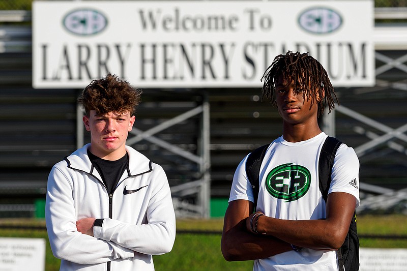 Staff photo by C.B. Schmelter / From left, Jaxon and Jeremiah Flemmons, brothers and teammates on the East Hamilton High School football team, have been friends for a long time, even before they were considered family by law.