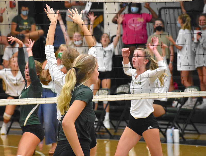 Staff file photo by Patrick MacCoon / Notre Dame senior McKenna Brown, far right, recorded 20 kills in Thursday's Division II-A state championship against Goodpasture. The Lady Fighting Irish finished as the state runners-up as they ended their season with a 32-5 record.