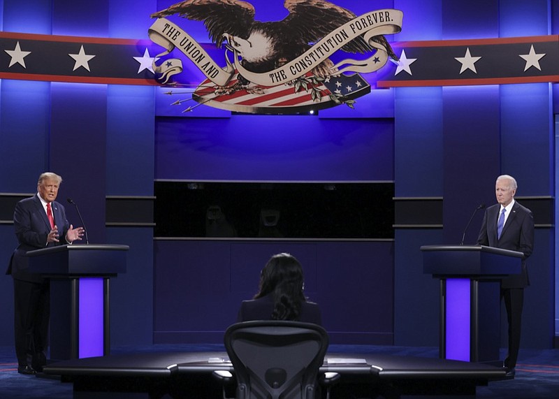 President Donald Trump and Democratic presidential candidate former Vice President Joe Biden participate in the final presidential debate at Belmont University, Thursday, Oct. 22, 2020, in Nashville, Tenn. (Chip Somodevilla/Pool via AP)

