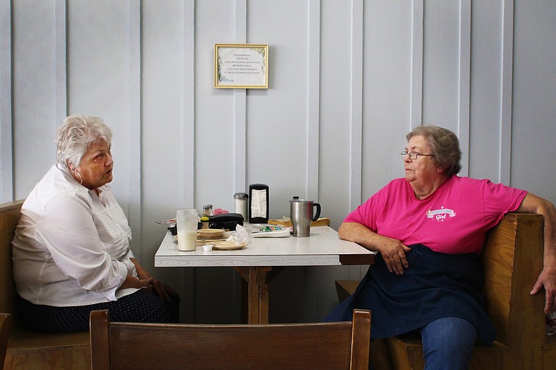 Staff photo by Wyatt Massey / Tracy City Mayor Nadene Fultz Moore, left, sits in the Annex Cafe in Tracy City with Peggy Griffith, who operates the restaurant, on Oct. 21, 2020.