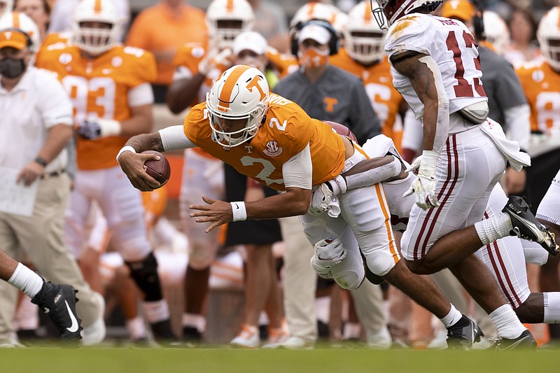 Tennessee Athletics photo by Andrew Ferguson / Tennessee quarterback Jarrett Guarantano threw two touchdown passes during Saturday's home loss to Alabama, a week after he had two interceptions returned for scores in a loss to Kentucky.