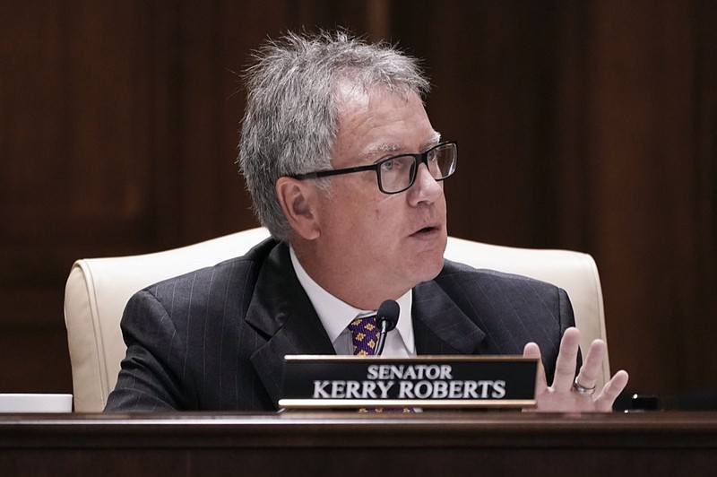 Sen. Kerry Roberts, R-Springfield, asks a question during a meeting of the Senate Judiciary Committee, Tuesday, Aug. 11, 2020, in Nashville, Tenn. The special session was called by Tennessee Gov. Bill Lee to pass liability reforms to protect businesses from lawsuits prompted by reopening after the coronavirus quarantine. (AP Photo/Mark Humphrey)


