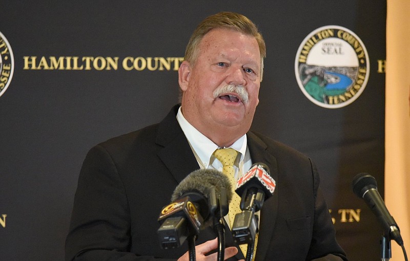 Staff Photo by Matt Hamilton /   Mayor Jim Coppinger speaks during the press conference Tuesday at the Hamilton County Health Department. Hamilton County Mayor Jim Coppinger renewed a mask mandate through Nov. 22 for the county on Tuesday, Oct. 6, 2020. 