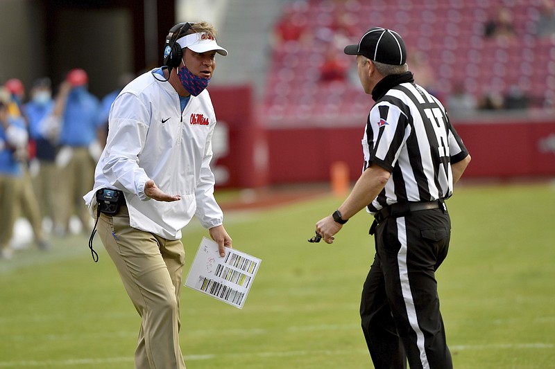 Mississippi coach Lane Kiffin reacts to a call during their Arkansas game.