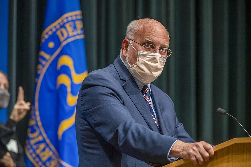 Dr. Robert R. Redfield, Director of the Centers for Disease Control and Prevention, speaks during a COVID-19 briefing at the Centers for Disease Control and Prevention headquarter campus in Atlanta, Wednesday, Oct. 21, 2020. (Alyssa Pointer /Atlanta Journal-Constitution via AP)