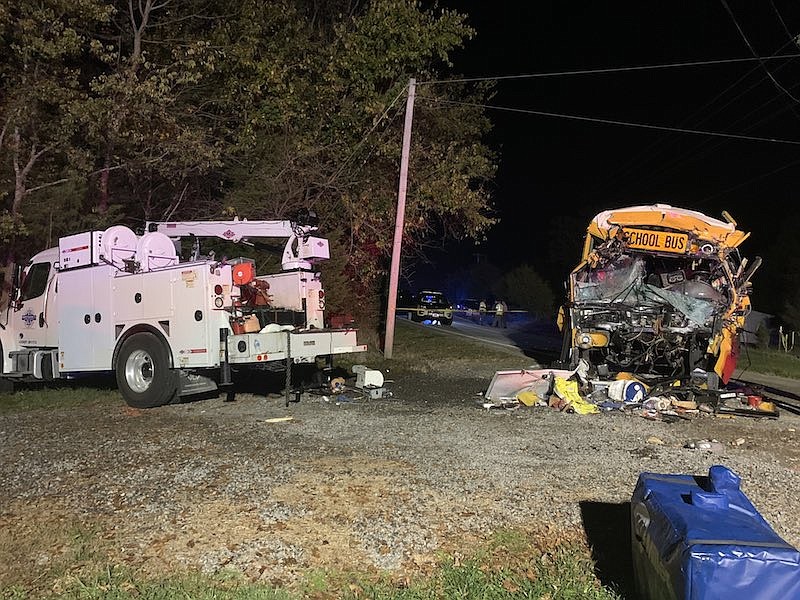 Wreckage from a fatal crash involving a school bus and a utility truck is shown Tuesday, Oct. 28, 2020, in this photo from the Tennessee Highway Patrol's Twitter page. / Photo credit: twitter.com/THPChattanooga