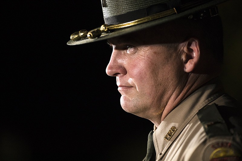 Staff photo by Troy Stolt / Tennessee Highway Patrol Lt. Bill Miller speaks during a news conference addressing a fatal bus crash that killed one child at Meigs South Elementary School on Tuesday, Oct. 27, 2020 in Decatur, Tenn.