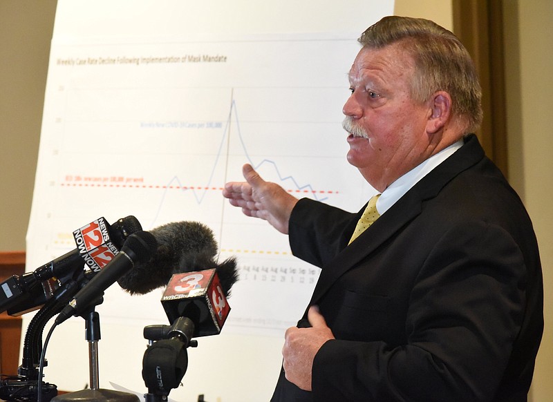 Staff Photo by Matt Hamilton / Mayor Jim Coppinger speaks during the news conference Tuesday at the Hamilton County Health Department.