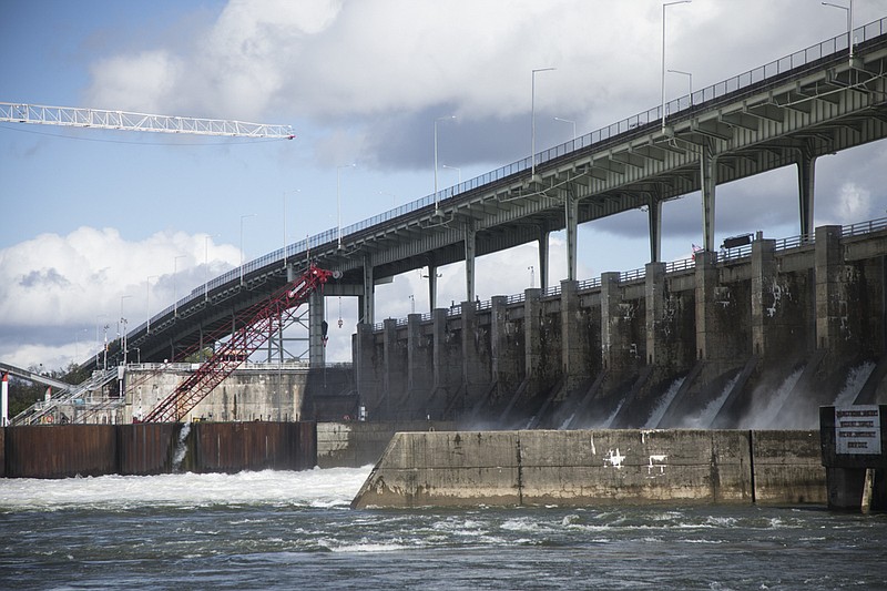 Staff photo by Troy Stolt / The Chickamauga Dam is seen on Thursday, Oct. 29, 2020 in Chattanooga, Tenn. Record setting rain fall in 2020 has forced TVA to keep spillways open on eight of its nine upstream dams.